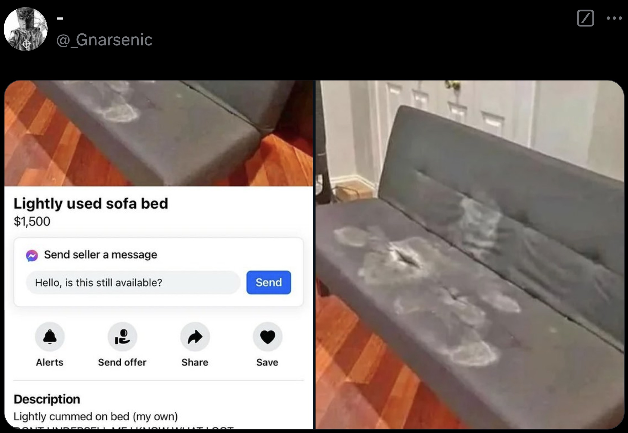 Couch - @ Gnarsenic Lightly used sofa bed $1,500 Send seller a message Hello, is this still available? Send Alerts Send offer Save Description Lightly cummed on bed my own E